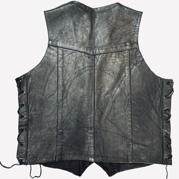 UNIK Men's Black Leather Motorcycle Vest Sz 42 Snaps Lace-Up Sides Pockets Biker - Picture 12 of 16